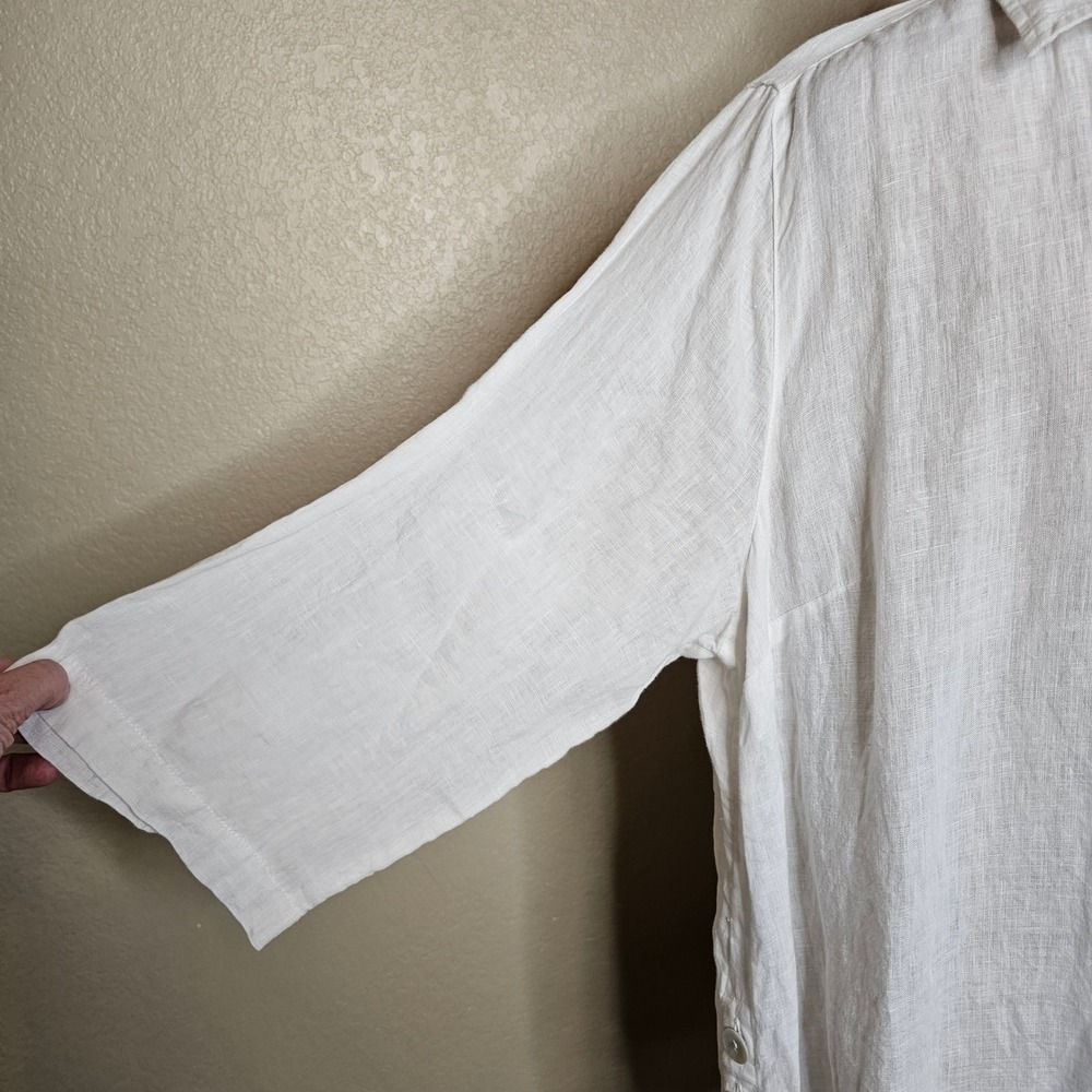 Tahari White 100% Linen Popover V-Neck Tunic Top 3/4 Sleeve Side Button Size 1X - Picture 3 of 8